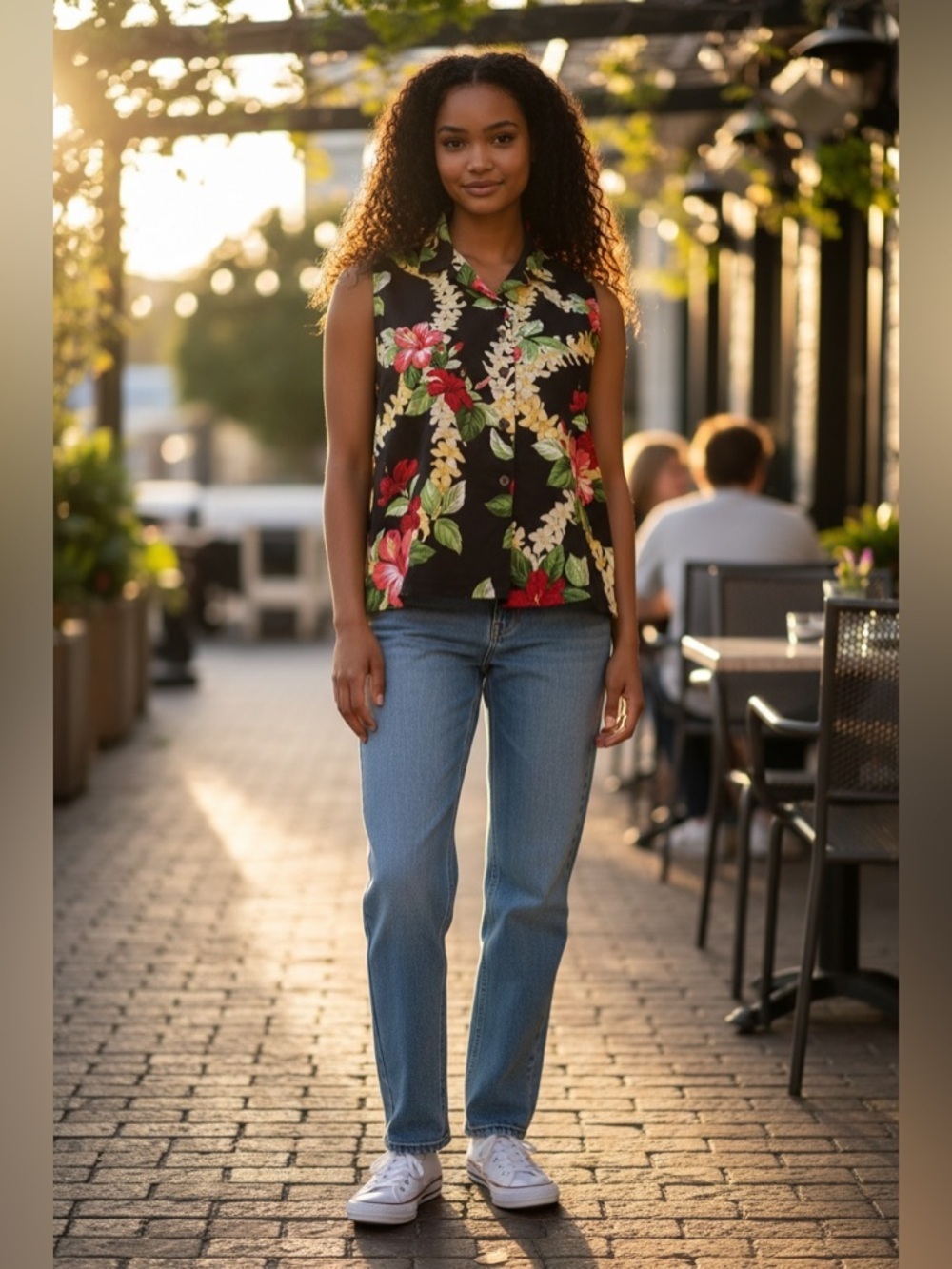Tropical Floral Sleeveless Button Front Top -Black/Red/Yellow-Size Large